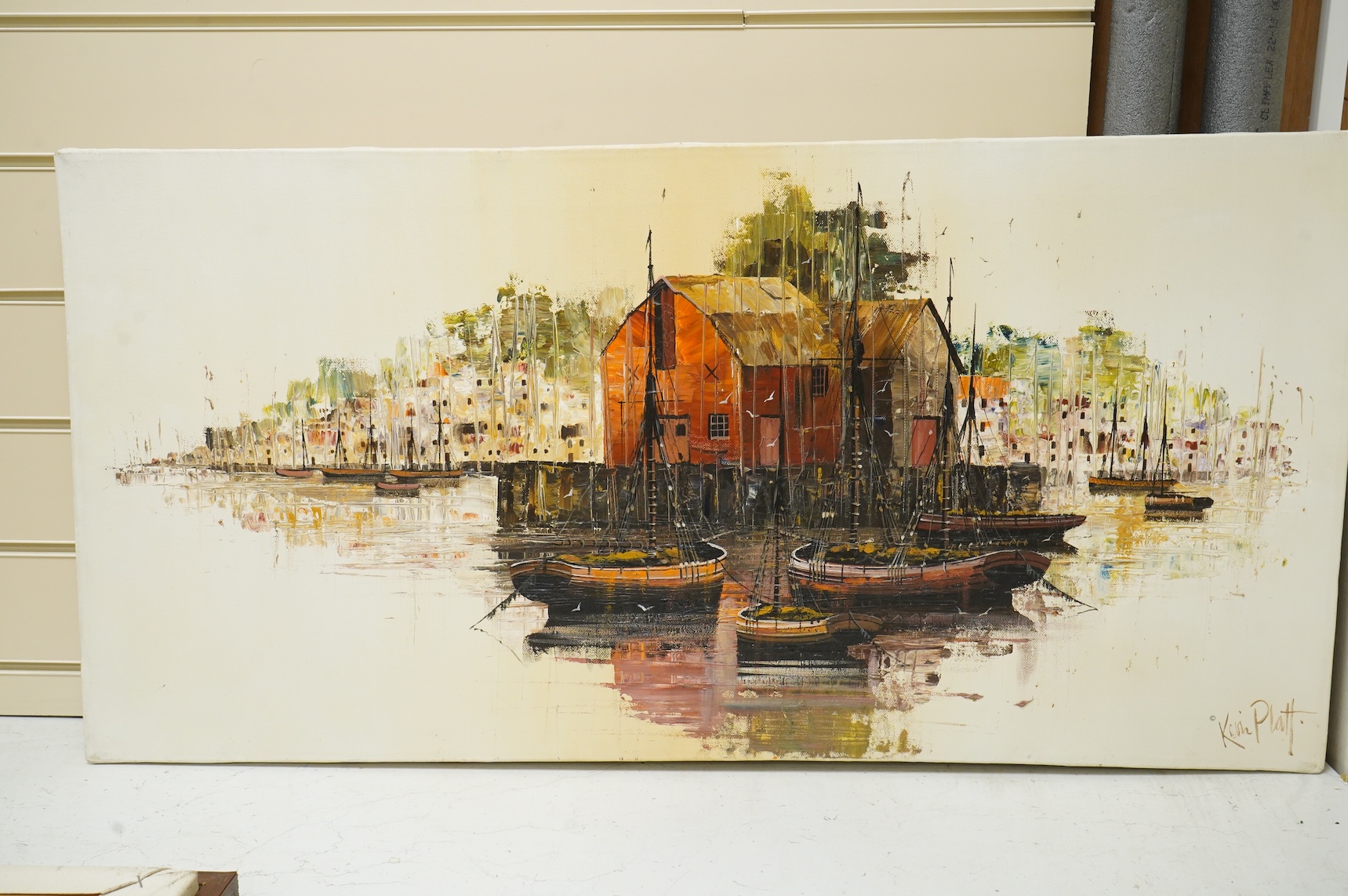 Kevin Platt (b.1945), Padstow Harbour and another harbour scene, each signed, two oils on canvas, one framed, largest 45 x 91cm